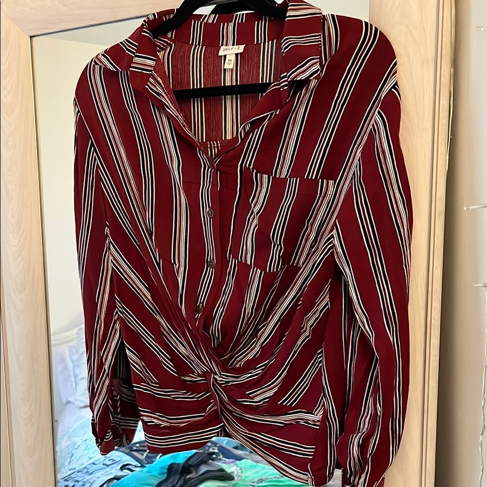 Red Striped Button Down Shirt with Knot Front